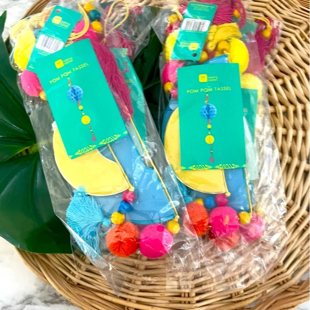 Talking Tables Pom Pom yarn Tassels beads decor set of 4 NWT for car, home, etc.